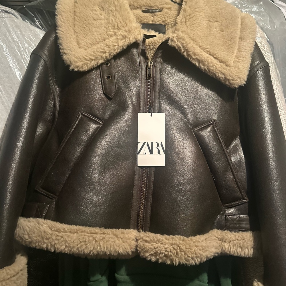 Zara Brown Leather Aviator Jacket with Cream Sherpa
